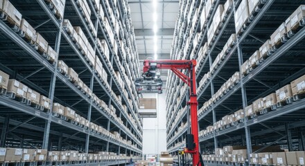 Automated red robotic arm retrieving goods in tall warehouse aisle