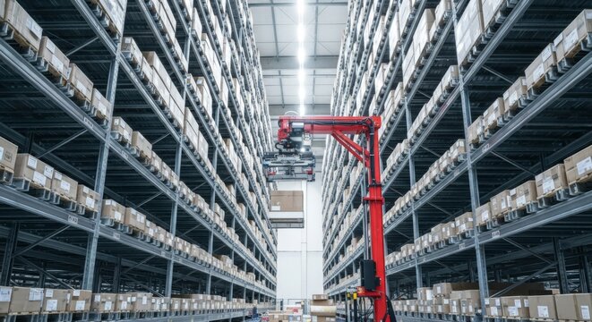 Automated red robotic arm retrieving goods in tall warehouse aisle