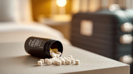 White tablets spill from a black container beside a suitcase in a warm hotel room