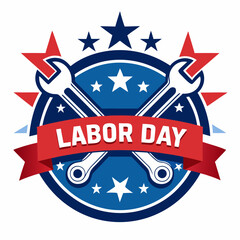 Patriotic Labor Day Badge Design Wrench Tools Stars Red Blue Celebration Graphic