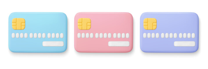 3d credit card. Pastel plastic debit or credit cards with chip. Money, cashless payment concept for fintech, ecommerce, online banking and digital finance. Cartoon soft render vector illustration
