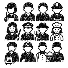 Profession Icons in Hand-Drawn Marker Sketch – Transparent PNG Illustration
