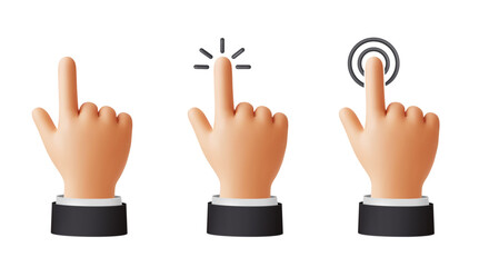3d hand pointer. Male hands cursor, tap and click gesture with index finger. Digital interaction symbols for UI, touch screen, input for apps. Navigation concept. 3D soft render vector icons