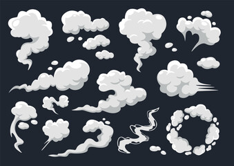 Cartoon smoke. Smoky puffs and swirls, smoking vapor steam trails, fog and dust clouds for explosions, magic animation effects, weather icons. Dramatic dynamic motion. Comic book explosion vector set