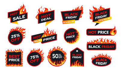 Black Friday fire badges. Flaming hot sale Black Friday labels with red fire and typography. Ecommerce banners, shop promo tags, discounts and advertising stickers. Flat vector isolated set