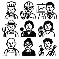 Profession Icons in Hand-Drawn Marker Sketch – Transparent PNG Illustration