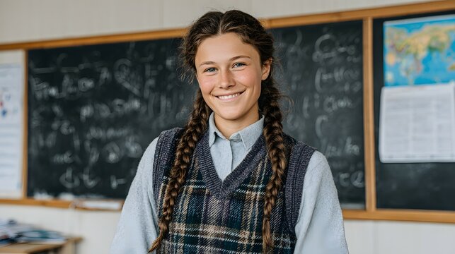 Girl with braids smiles in classroom with chalkboard and map background.