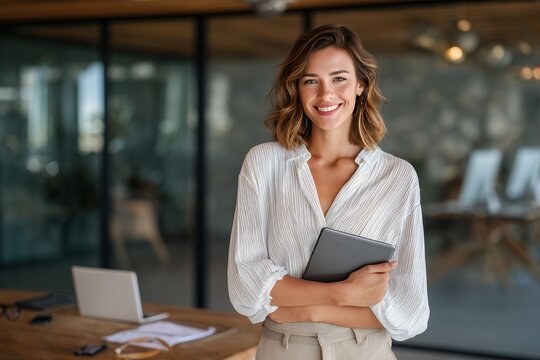 Confident businesswoman holding digital tablet smiling in contemporary office interior representing modern professional life embracing technology leadership and innovation in the