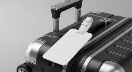 Obraz premium Blank Luggage Tag on Modern Black Suitcase