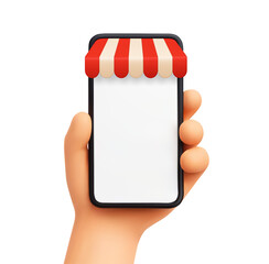 Smartphone with awning. Hand holding cellphone with red striped storefront tent. Online shopping, mobile commerce, ecommerce marketplace element. 3D render phone with canopy sunshade. Vector mockup