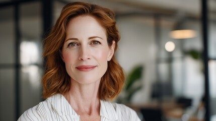 Fototapeta premium Headshot of a successful middle aged professional woman standing in contemporary office space radiating positive energy and determination looking confident and empowered
