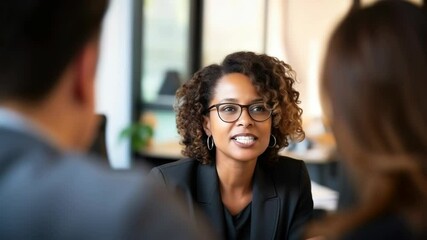 A professional woman in an office setting engages with two colleagues. The video captures a close-up angle, emphasizing communication and teamwork.