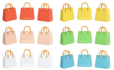 3d shopping bags. Colorful paper handbags from different angles. Modern realistic icons for shopping, retail, fashion branding, social media ecommerce. Rendered minimalist vector illustration