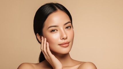 Beautiful young asian woman portrait with perfect healthy glowing skin touching face gently showing natural beauty and fresh clear complexions promoting skincare wellness and