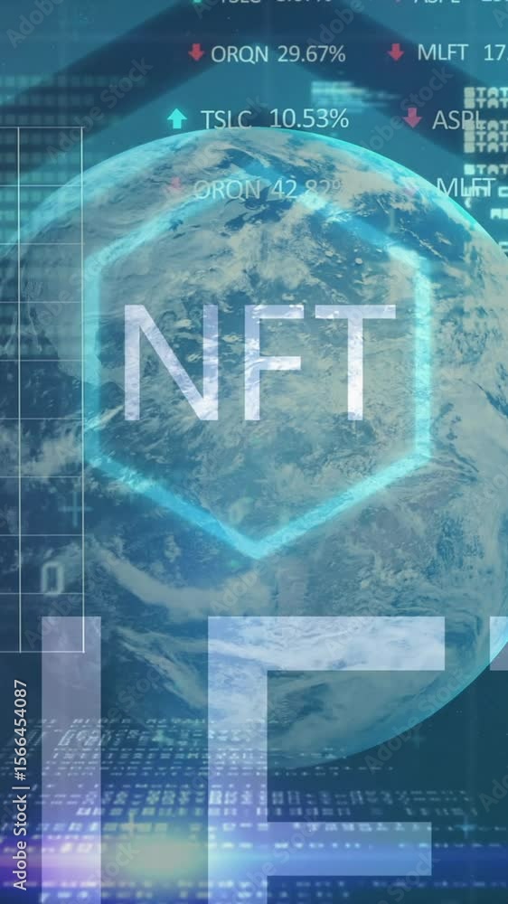 Poster nft animation with digital globe surrounded by financial data and graphs
