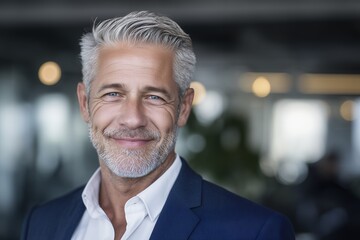 Smiling senior business leader in professional attire close-up portrait of a successful mature executive radiating confidence and experience in a contemporary office setting