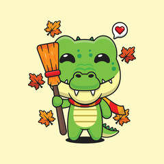 Cute crocodile holding broom in autumn day cartoon vector illustration
