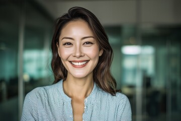 Positive confident successful Asian business professional executive entrepreneur worker smiling genuinely with warm authentic expression engaging direct gaze camera in a modern