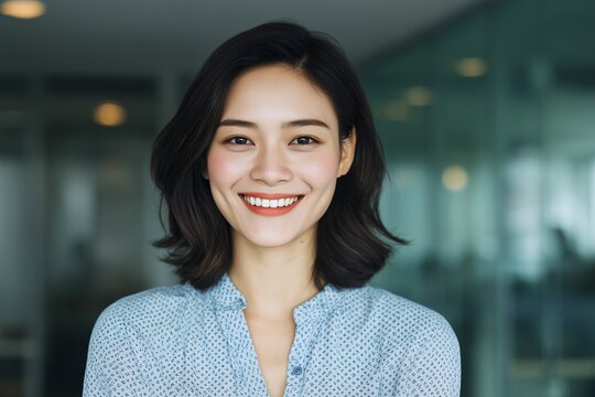 Portrait of a successful and cheerful young Asian professional businesswoman smiling happily in a modern office environment representing positive work ethic and corporate success