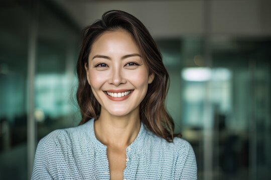 Positive confident successful Asian business professional executive entrepreneur worker smiling genuinely with warm authentic expression engaging direct gaze camera in a modern