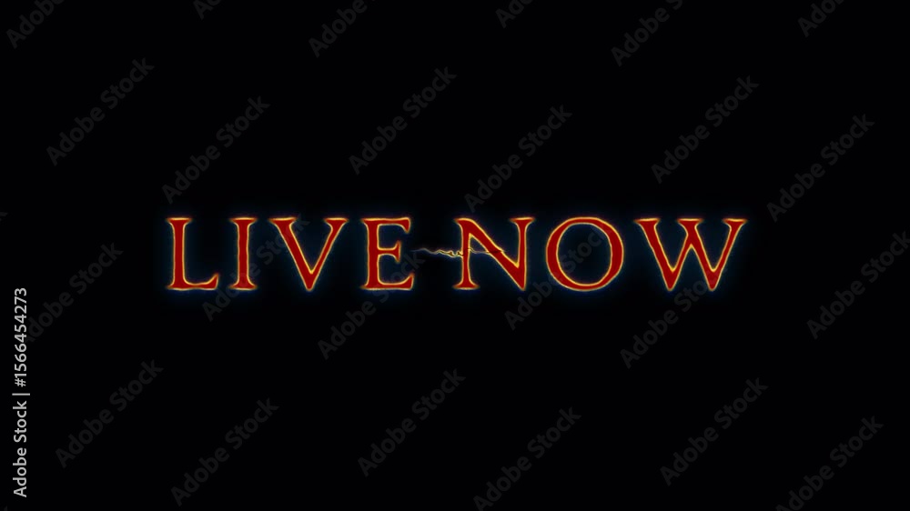 Poster animation live now glow red spark neon lightning text animation on black abstract background.isolate