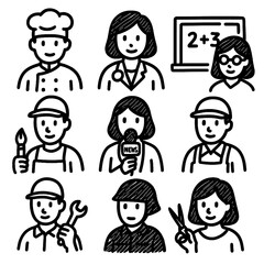Profession Icons in Hand-Drawn Marker Sketch – Transparent PNG Illustration