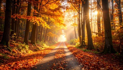 Autumn forest road with fallen orange and yellow leaves soft warm sunlight filtering through trees serene natural landscape