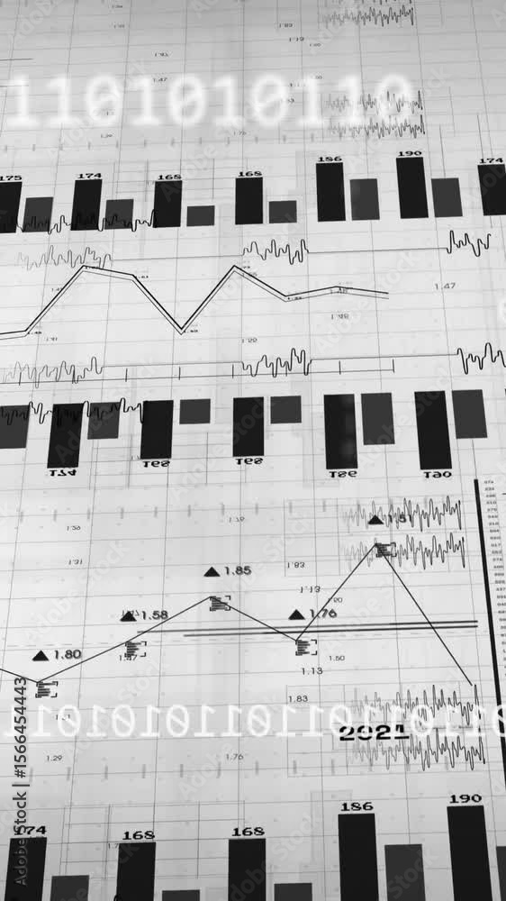 Poster animation of binary code and financial graphs overlaying technical data charts