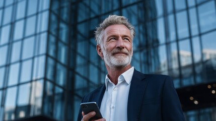 Smiling successful senior executive holding cell phone in front of modern glass corporate building symbolizing leadership digital communication technology prosperity and urban