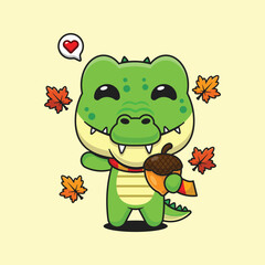 Cute crocodile with acorns at autumn season in autumn day cartoon vector illustration