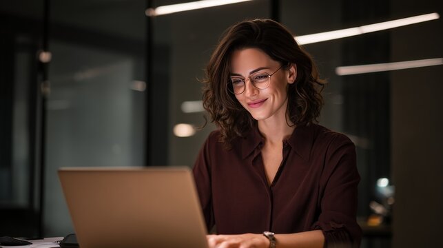 Confident businesswoman smiling while working late night on laptop in modern office interior focused and dedicated to achieving career success and completing tasks diligently