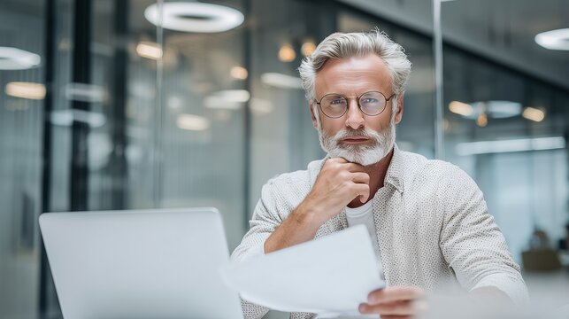 Experienced senior businessman reviewing financial reports in modern office setting, focused executive analyzing paperwork with laptop technology, corporate professional planning