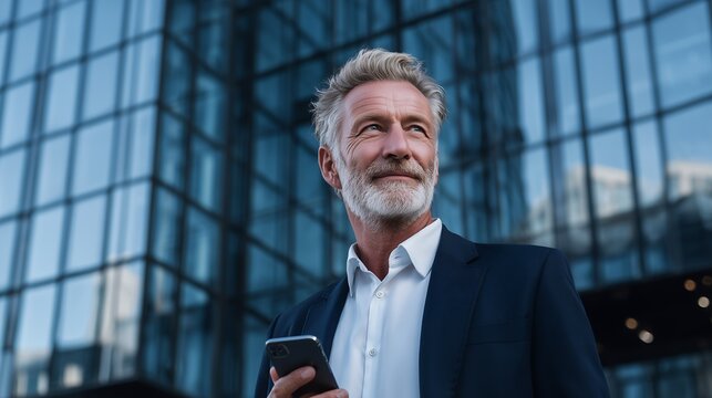 Smiling successful senior executive holding cell phone in front of modern glass corporate building symbolizing leadership digital communication technology prosperity and urban