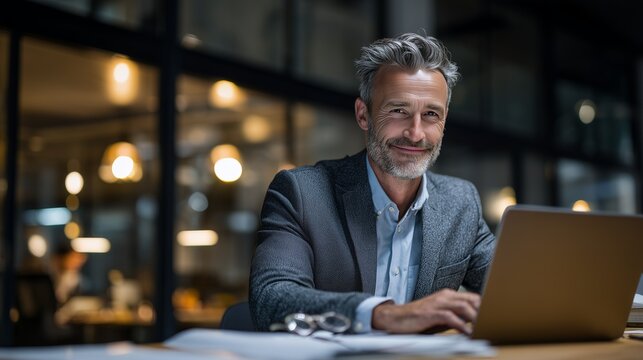 Portrait of happy successful senior executive entrepreneur businessman smiling confidently while working late evening on a laptop in a modern office workspace