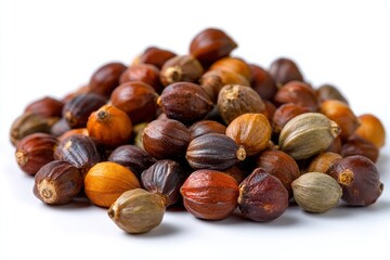 Obraz premium A pile of glossy multicolored seeds of varying shades of brown green and orange on a white surface