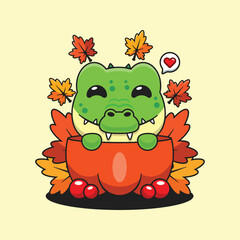 Cute crocodile in a pumpkin in autumn cartoon vector illustration