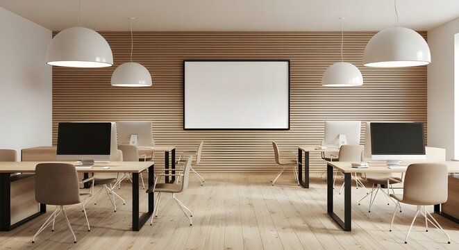 Modern office space featuring sleek desks, ergonomic chairs, and a minimalist design for a productive workspace