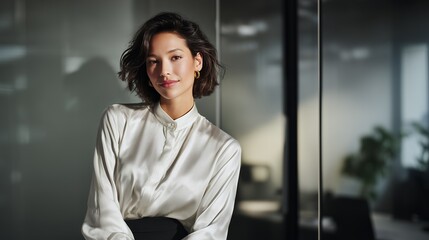 Confident and elegant businesswoman portrait in a modern corporate office environment dramatic lighting casts shadows highlighting her serious and professional demeanor ready for