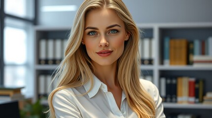 Fototapeta premium Young happy business woman in the office against the background of folders with documents