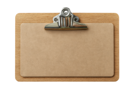 PNG Wooden clipboard with metal clip and brown paper background
