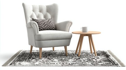 Cozy Corner: Comfortable Armchair, Rug & Table Isolated on White

