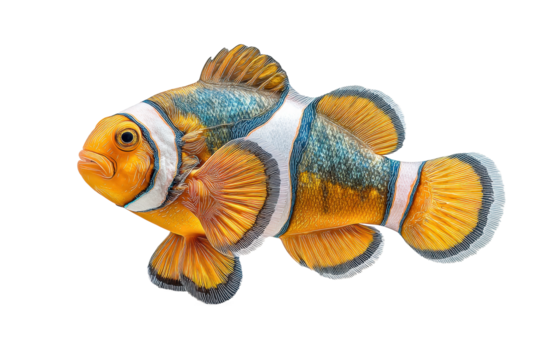 PNG Vibrant clownfish with orange, white, and black stripes in detailed close-up on black background