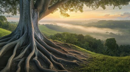 Ancient Tree with Exposed Roots Overlooking Misty Valley at Sunrise