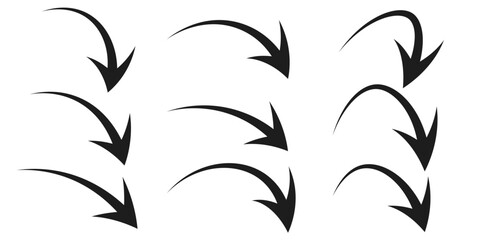 Illustration set of downward pointing curved arrows (monochrome),eps10
