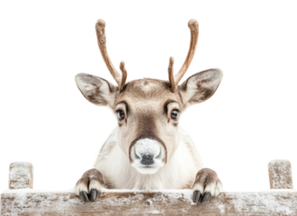 Curious reindeer peering over fence in snowy winter wonderland