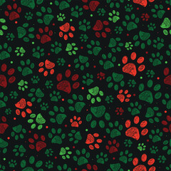 Green, red colored Christmas design doodle paw prints. Seamless fabric design pattern black background