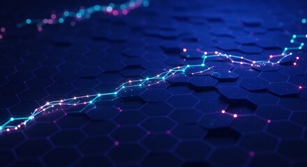 Abstract Hexagon Network: Glowing Data Streams and Dynamic Growth Visualization