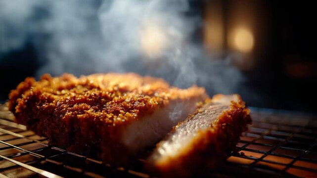 Close up of golden brown breaded pork cutlet on a wire rack, steaming; dark background.