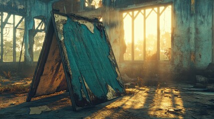 Fototapeta premium Abandoned Building with a Broken Sign and Warm Sunlight Rays