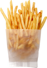 French fries in a transparent paper bag on a white background.